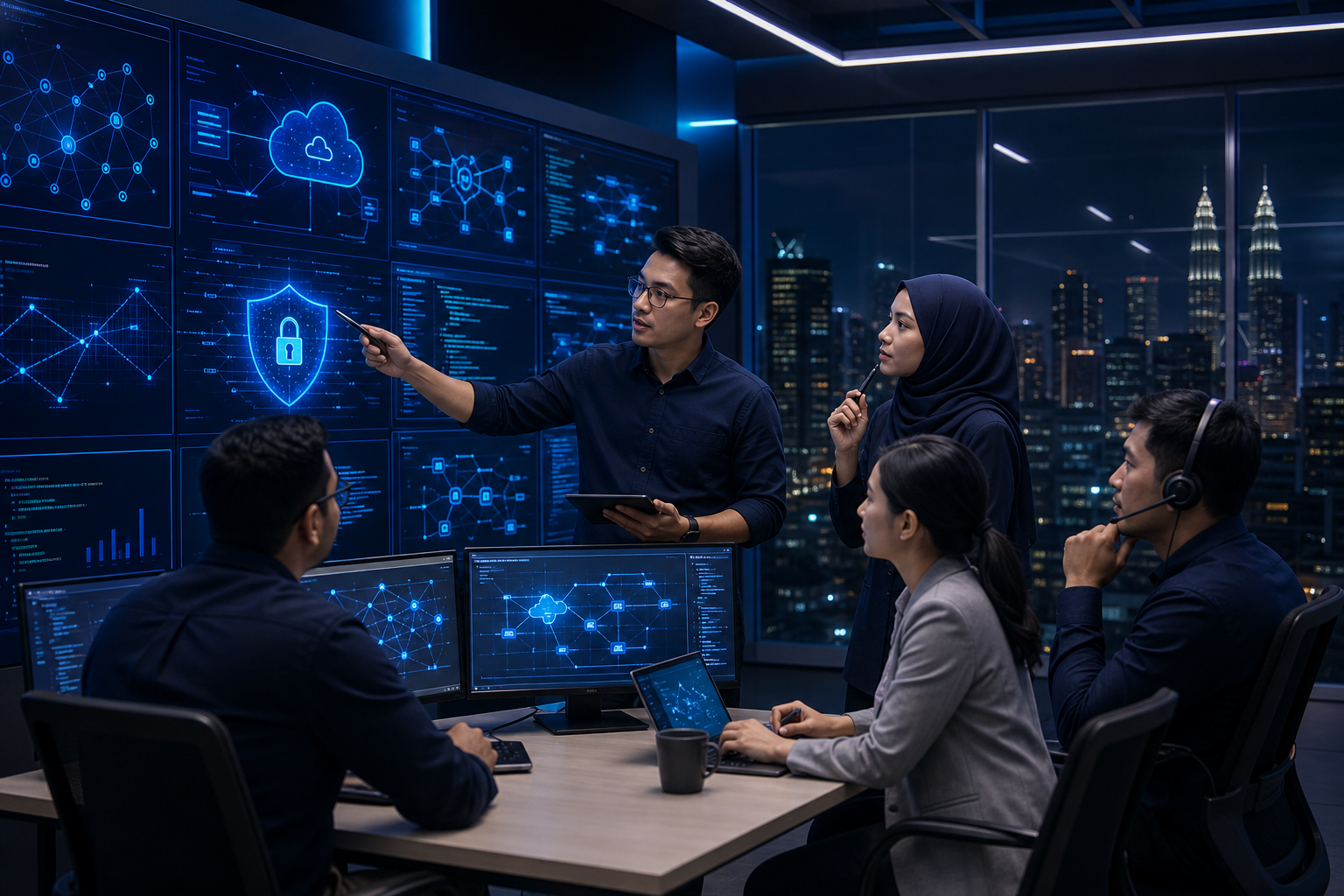 Technology operations team collaborating in a modern command centre